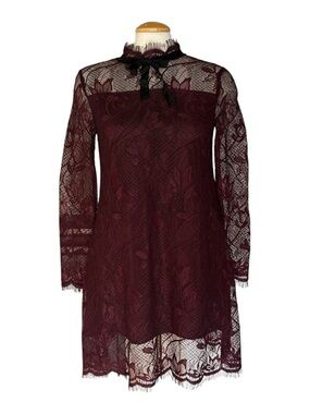 Oris Burgundy Wine Long-Sleeve Lace Dress with Bow Neck